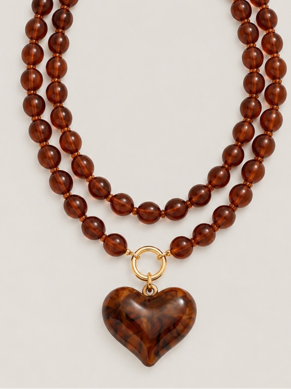 New! Amber Brown Beaded Heart Pendant Stack Necklace NWOT